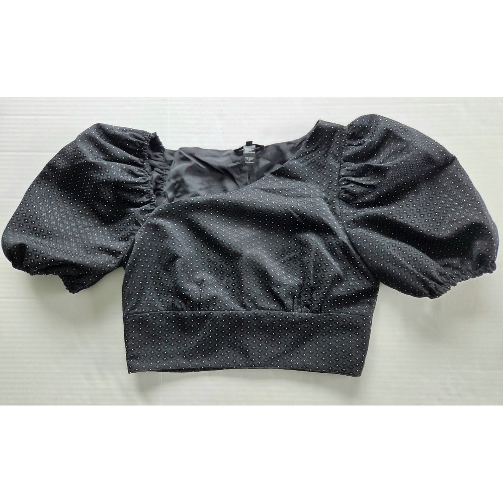 Hours Crop Blouse Womens Medium Black Polka Dot Puff Sleeve Square Neck Top